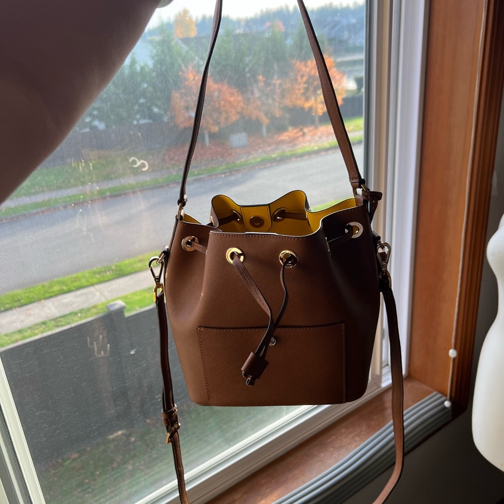 Michael Kors Brown Drawstring Leather Bucket Bag with Yellow Interior